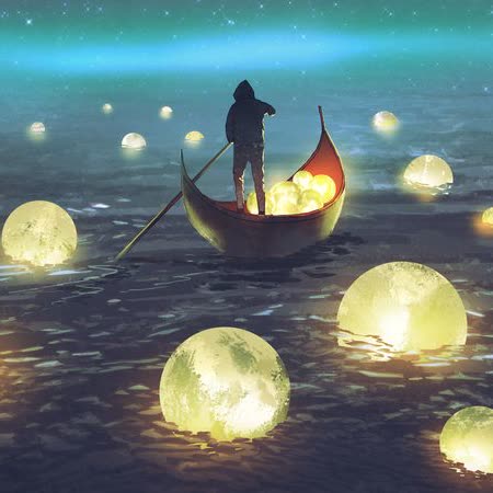 Gemalt: eine Gestalt steht in einem Boot, das zwischen vielen leuchtenden Monden auf dem Wasser treibt.